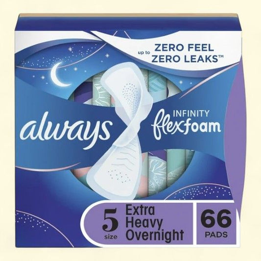 Always Infinity Feminine Pads, Size 5, Extra Heavy Overnight Absorbency, 66 CT