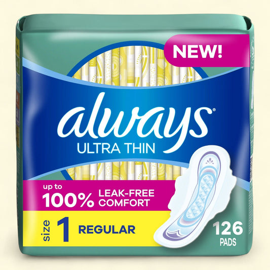 Always Ultra Thin Feminine Pads with Wings, Size 1, Regular Absorbency, Unscented, 126 Count