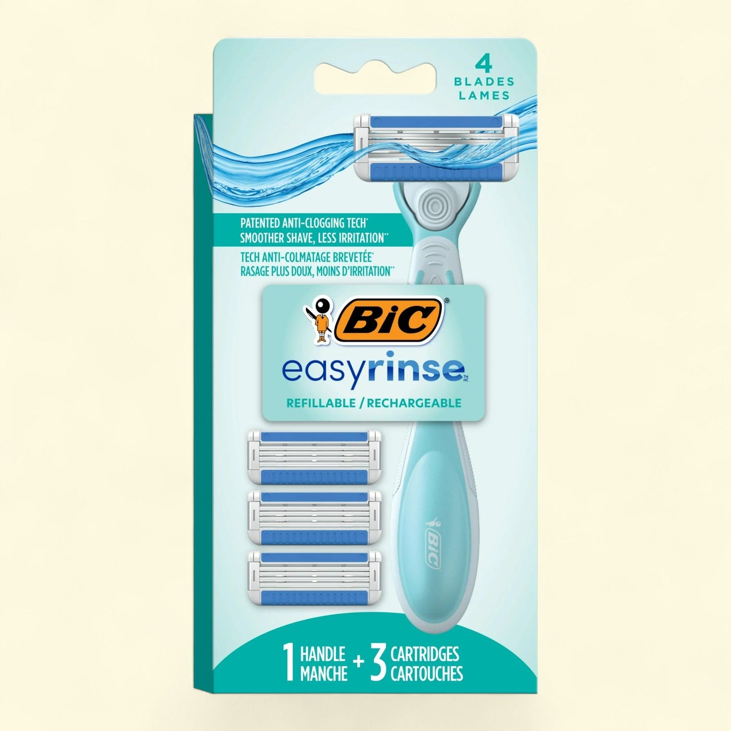 BIC EasyRinse Women's Razors, 4-Blade, 1 Razor Handle and 3 Cartridges