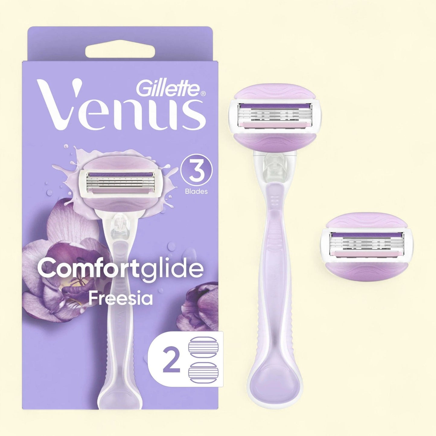 Gillette Venus ComfortGlide Freesia Women's Razor Handle + 2 Blade Refills, Purple, 1 pack