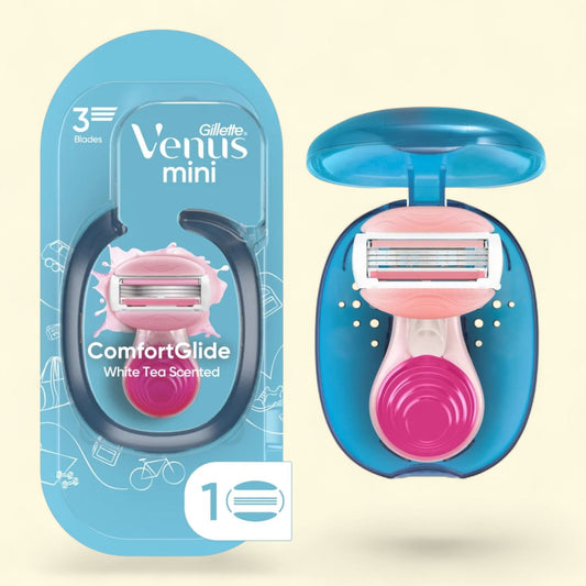 Gillette Venus Women's Razor Handle with 1 ComfortGlide White Tea Scent Blade Refill + 1 Travel Case, Mini on The Go