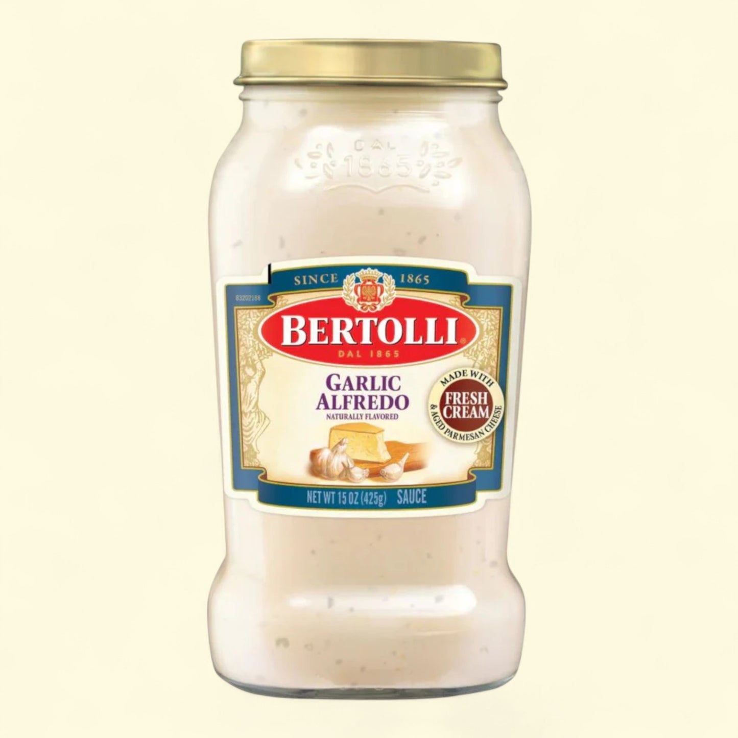 Bertolli Garlic Alfredo sauce jar on a white background