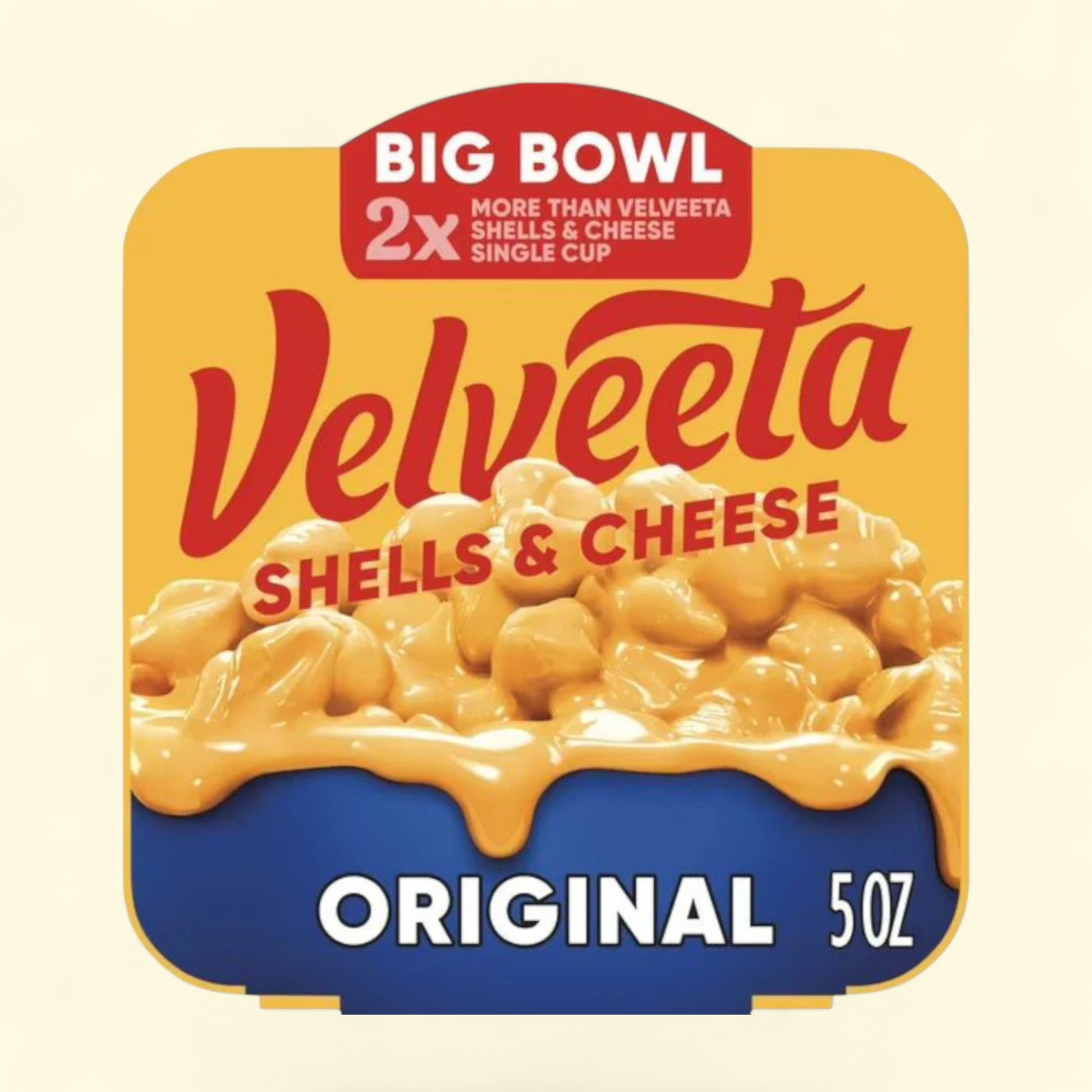 Velveeta Shells & Cheese packaging with yellow and blue design