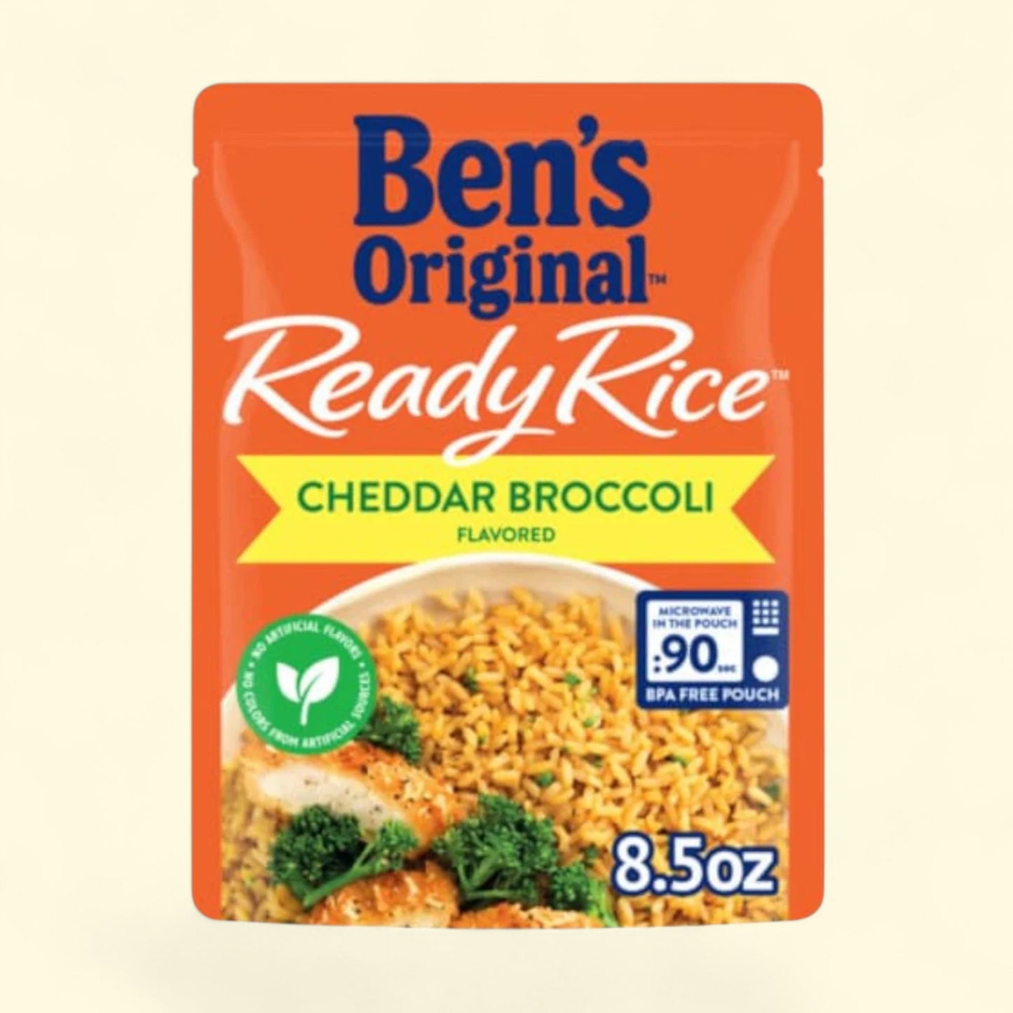 Ben's Original Ready Rice Cheddar Broccoli flavored package on a beige background