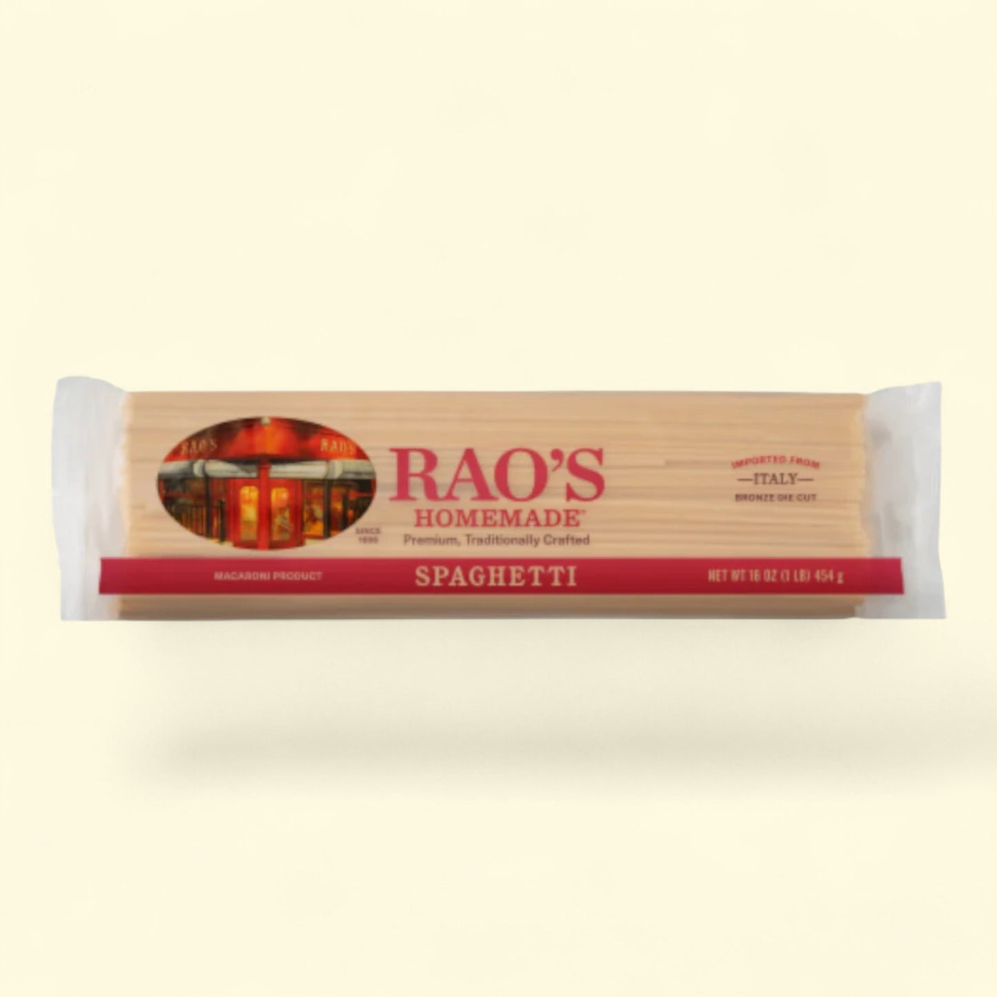 Rao's Homemade Spaghetti package on a beige background