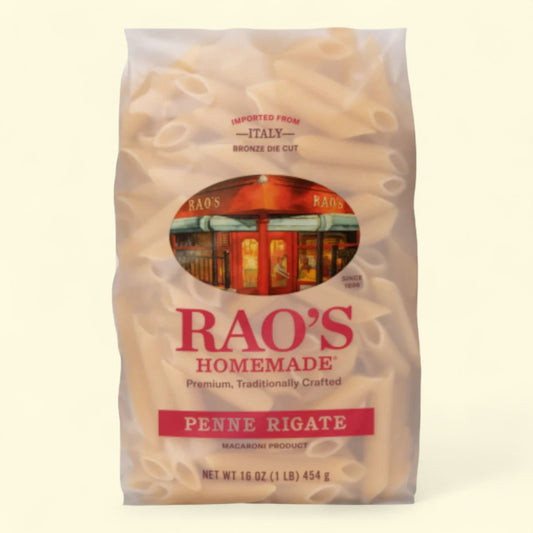 Bag of Rao's homemade penne rigate pasta on a beige background