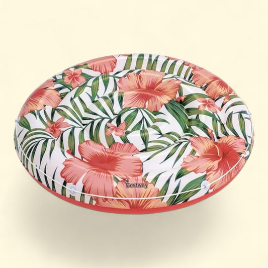 Bestway: H2OGO! 62" Peaceful Palms - Inflatable Pool Float, Round Island Water Lounger, Tropical Flower Graphics, Wraparound Rope, 198lb Cap Adults