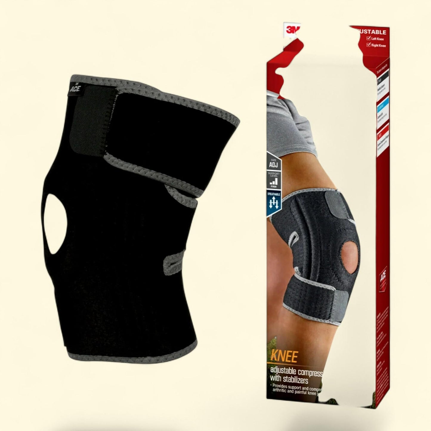 ACE Adjustable Compression Knee Support with Stabilizers, Black/Gray - One Size