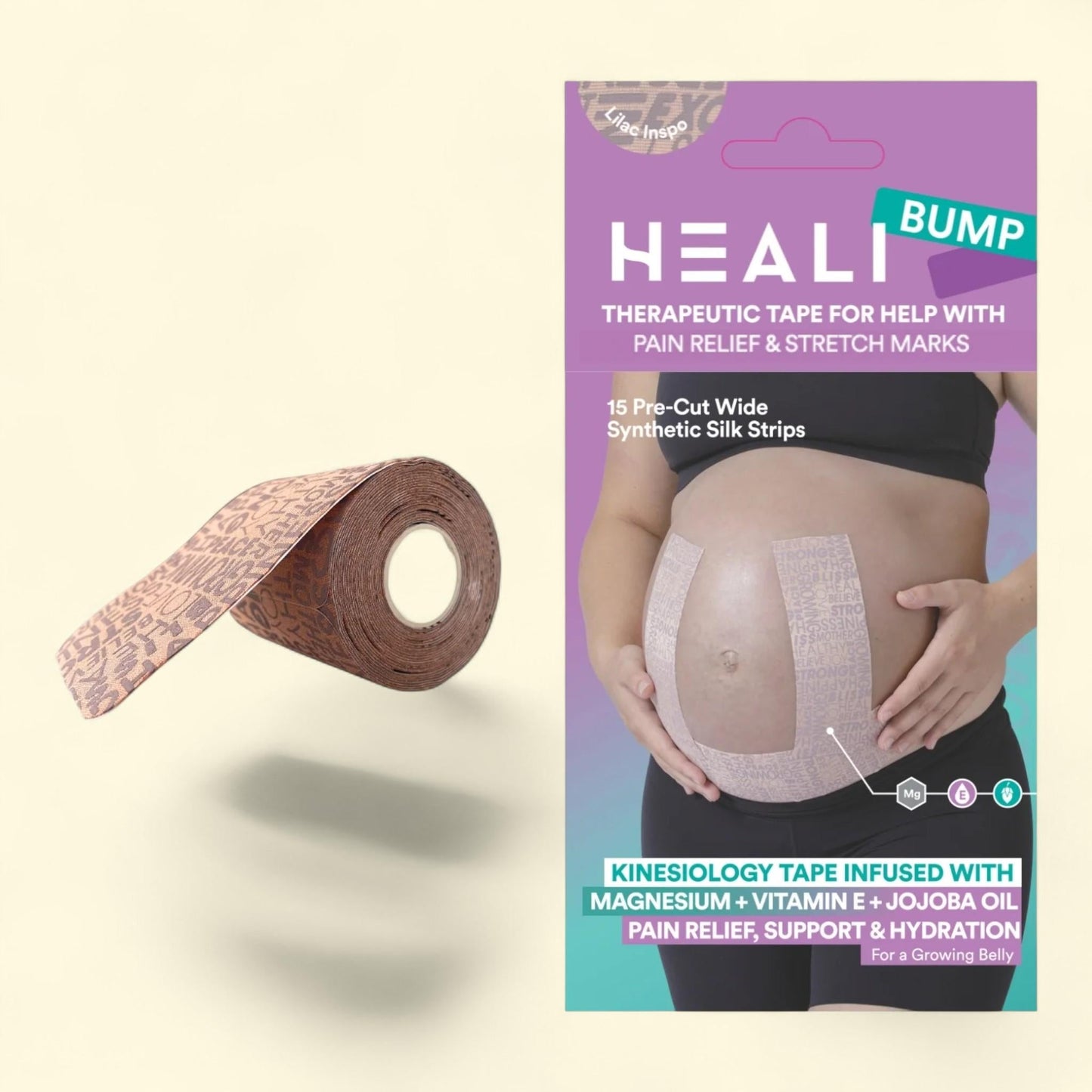 Heali Bump Belly Kinesiology Tape, 15 Precut 2x10 Inch Strips