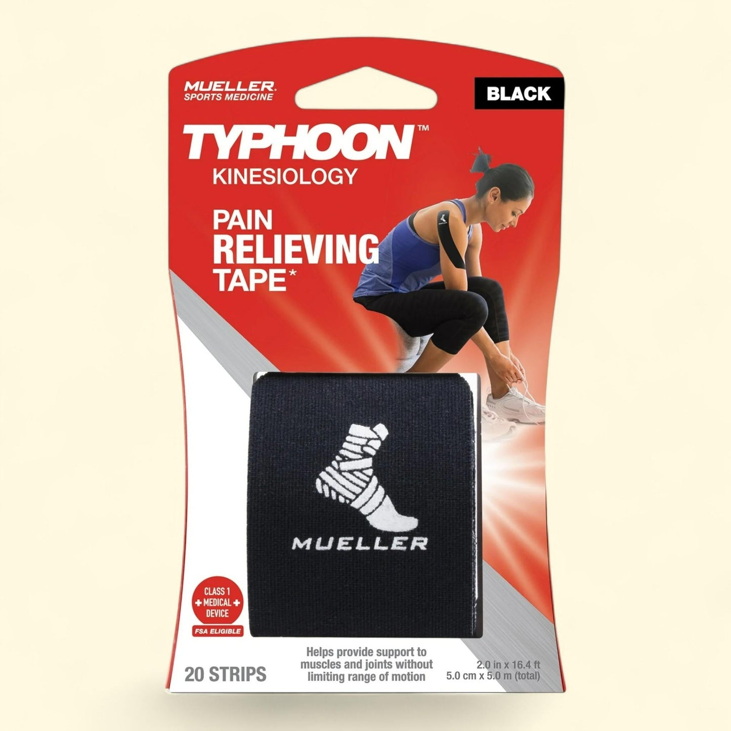 Mueller Kinesiology Therapeutic Tape, Black, 20 Precut I-Strips