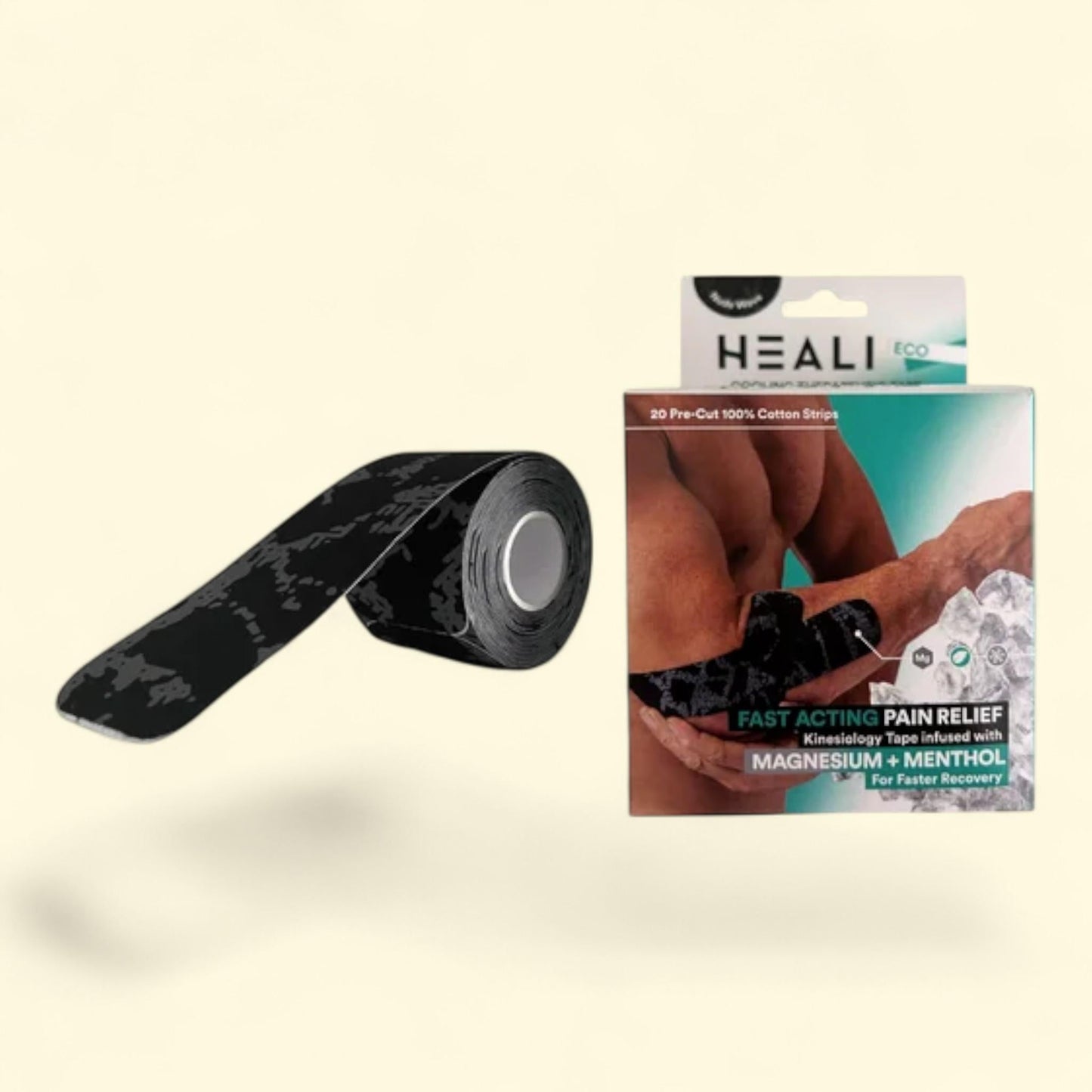 Heali ECO Kinesiology Tape, 20 Precut Strips, Cotton, Black Camo