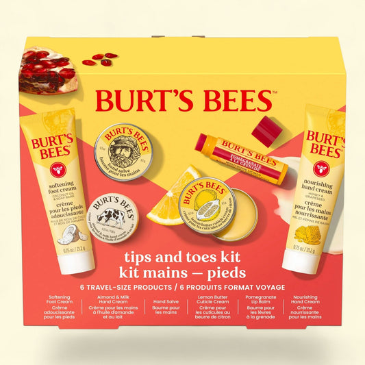 Burts Bees Tips and Toes Gift Set, Hand Cream, Foot Cream, Cuticle Cream, Hand Salve, Lip Balm, 6 piece set