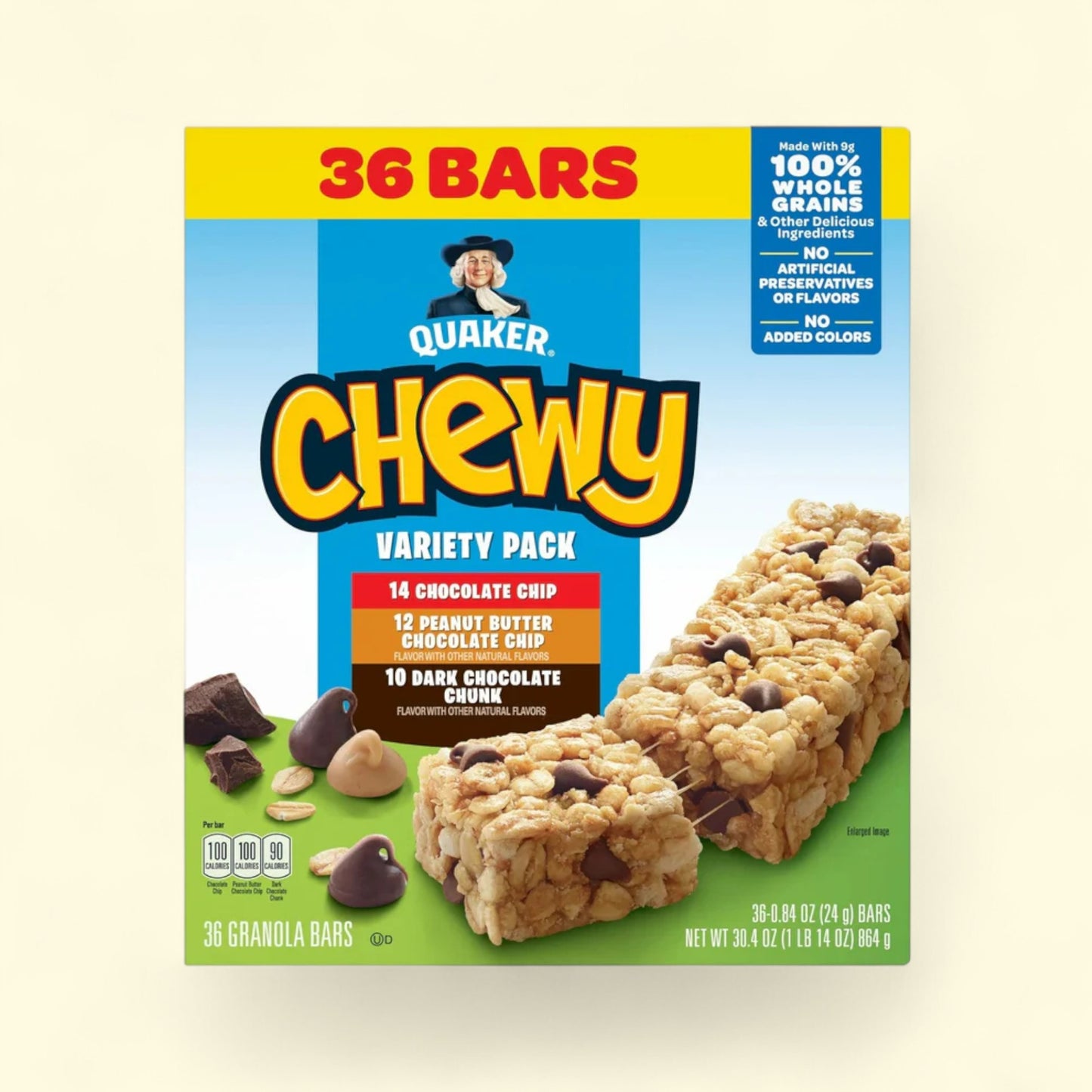 Quaker Chewy granola 36 bars variety pack on a beige background