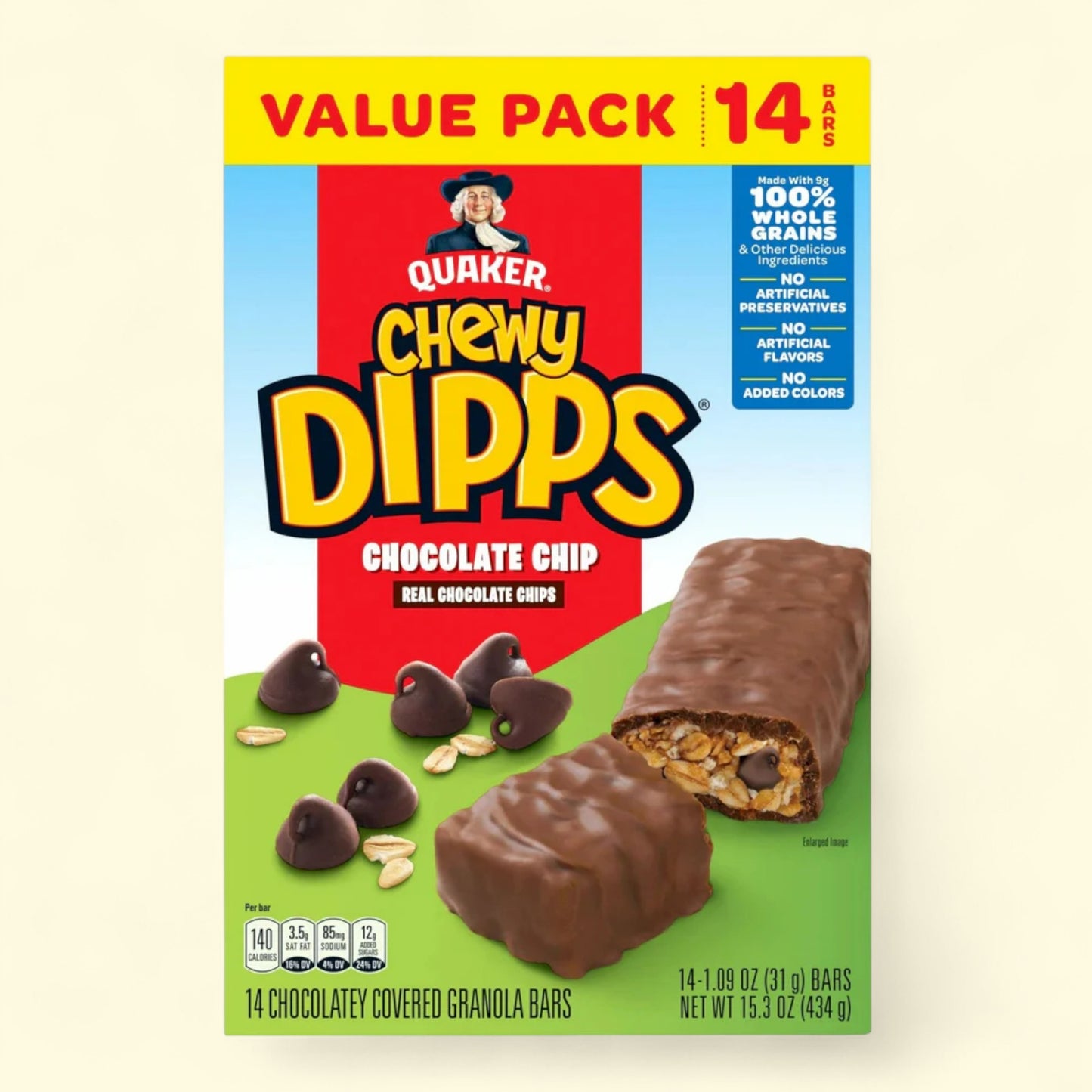 Quaker Chewy Dipps Chocolate Chip granola 10 bar package on a white background
