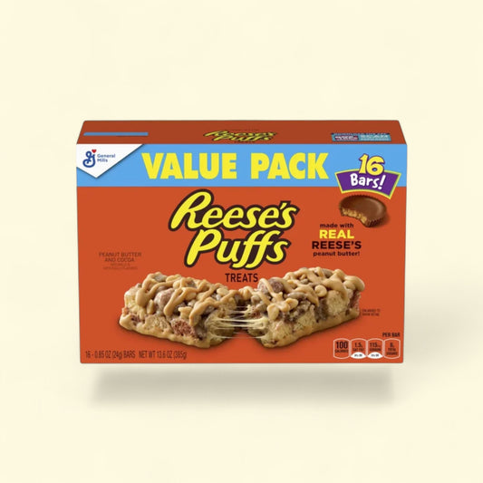 Reese's Puffs Treats with a value pack label on a beige background