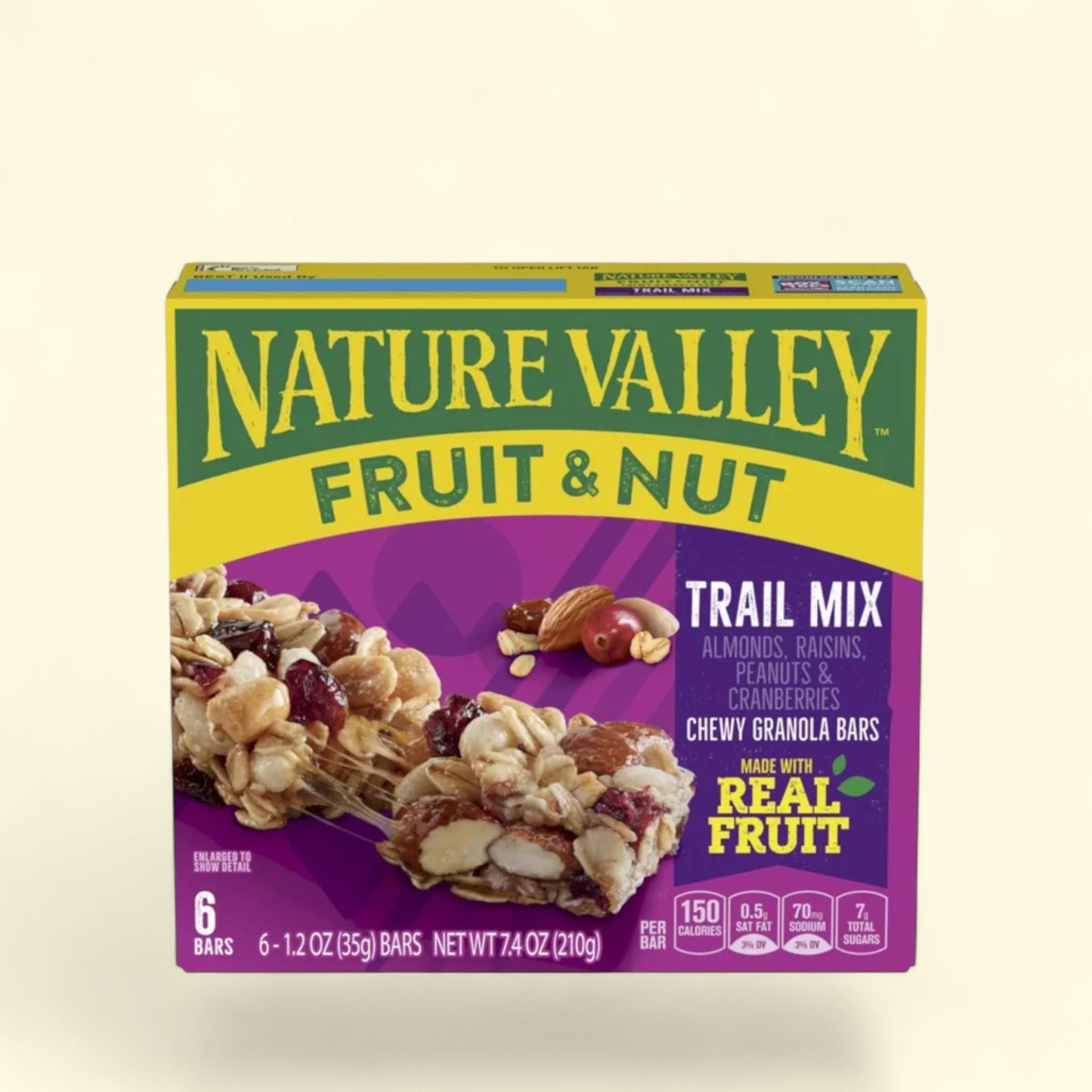 Nature Valley Fruit & Nut Trail Mix granola bars on a light beige background
