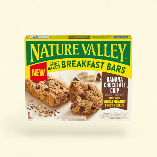 Nature Valley soft baked Banana Chocolate Chip breakfast bars on a beige background