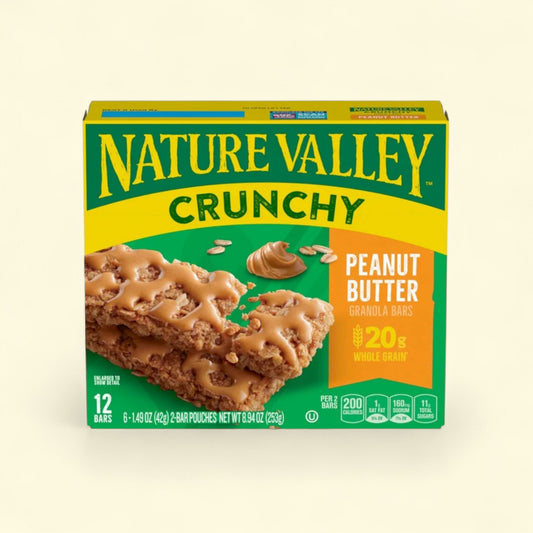 Nature Valley Crunchy Peanut Butter granola bars packaging on a beige background