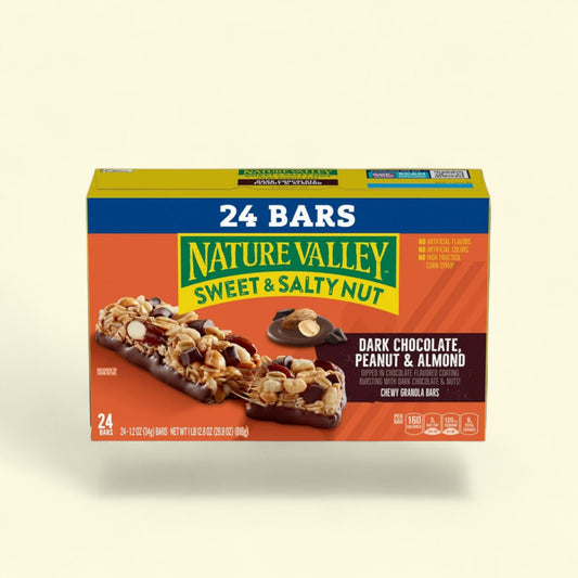 Nature Valley Sweet & Salty Nut Dark Chocolate Peanut & Almond granola bars on a beige background