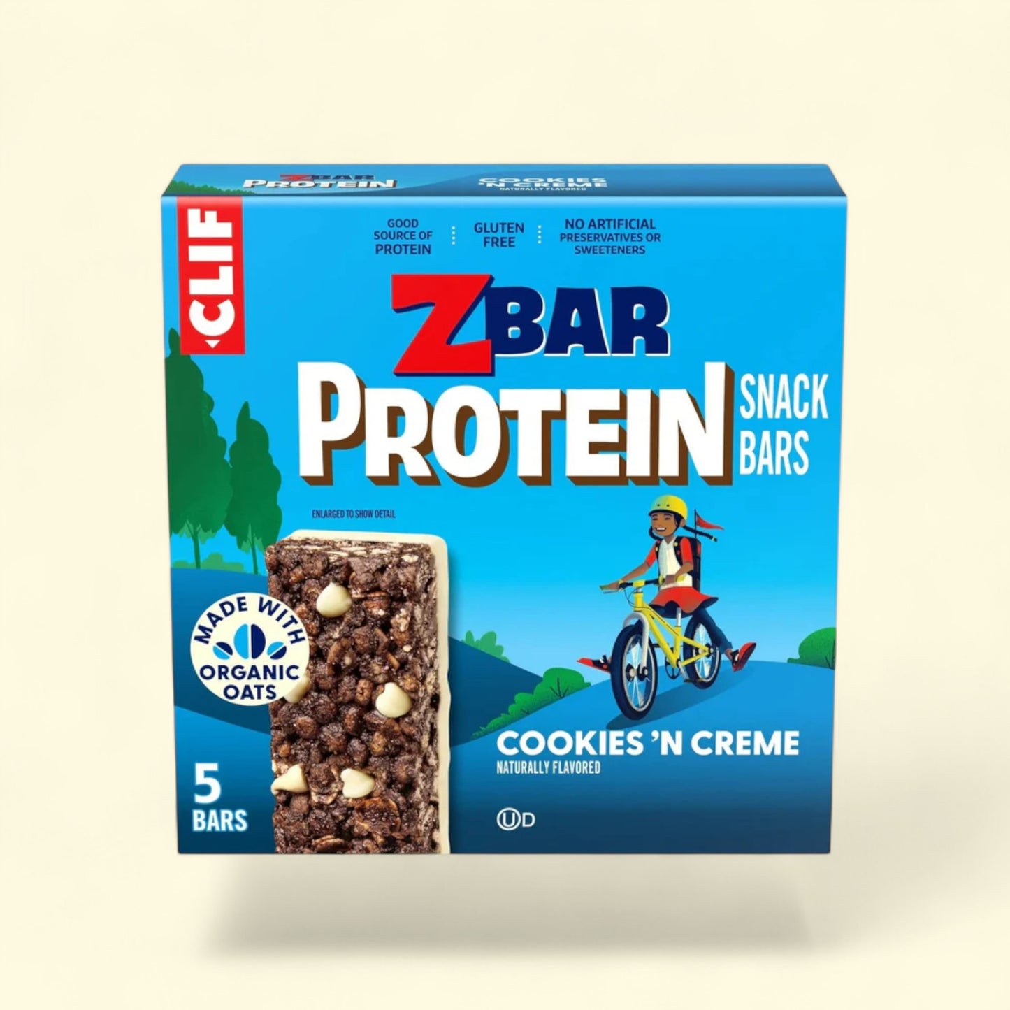 Box of Clif ZBar Protein Snack Bars with 'Cookies 'N Creme' flavor