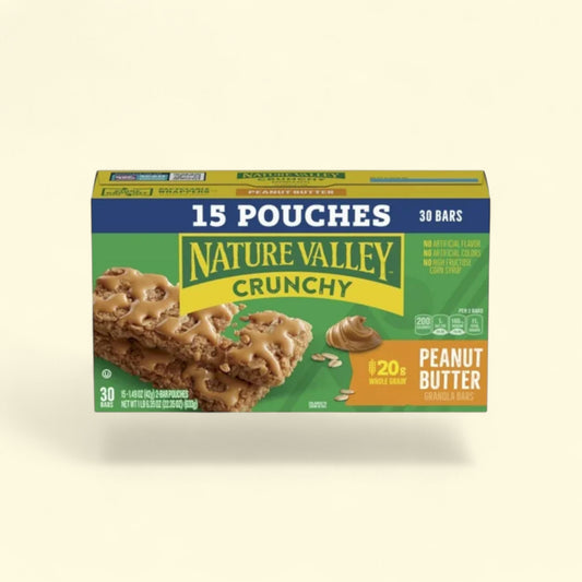 Nature Valley Crunchy Peanut Butter granola bars on a beige background