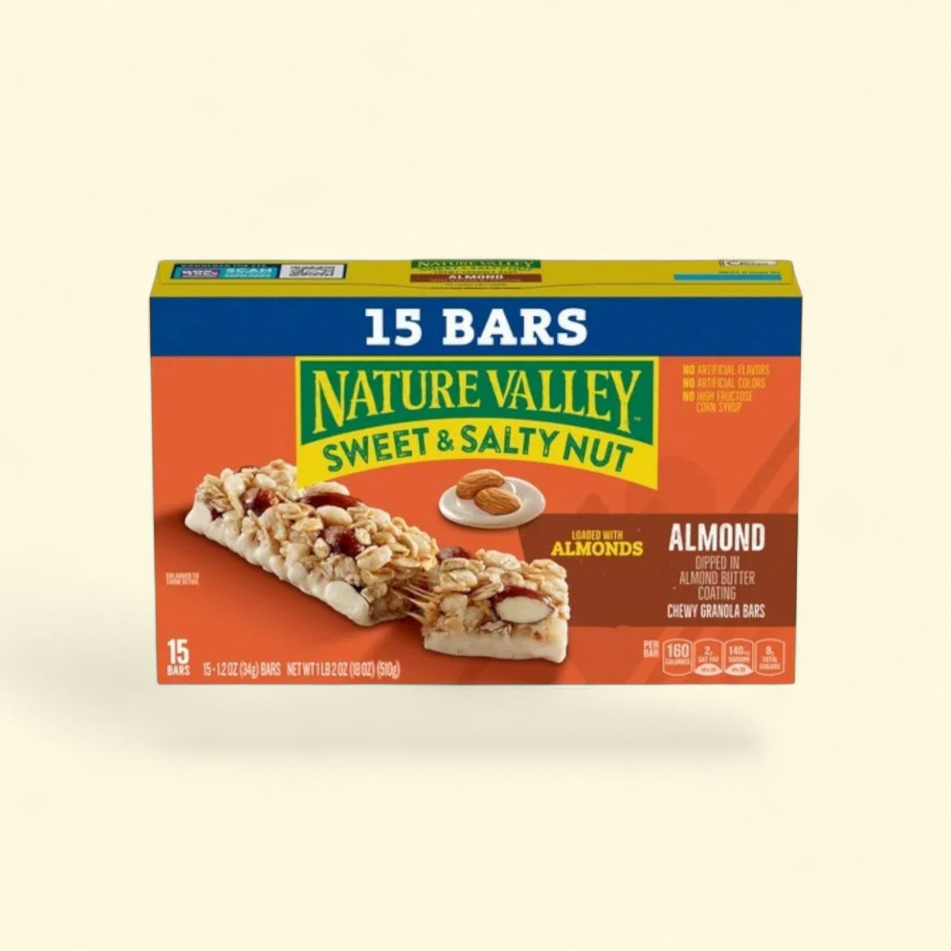 Nature Valley Sweet & Salty Nut Almond granola bars on a beige background