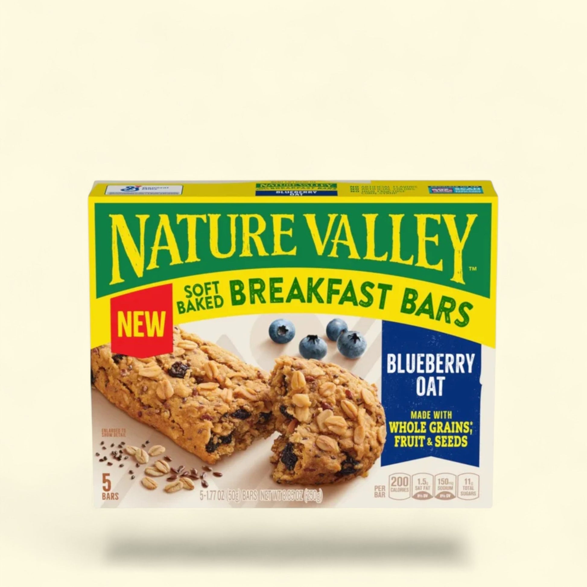 Nature Valley soft baked Blueberry Oat Breakfast Bars on a beige background