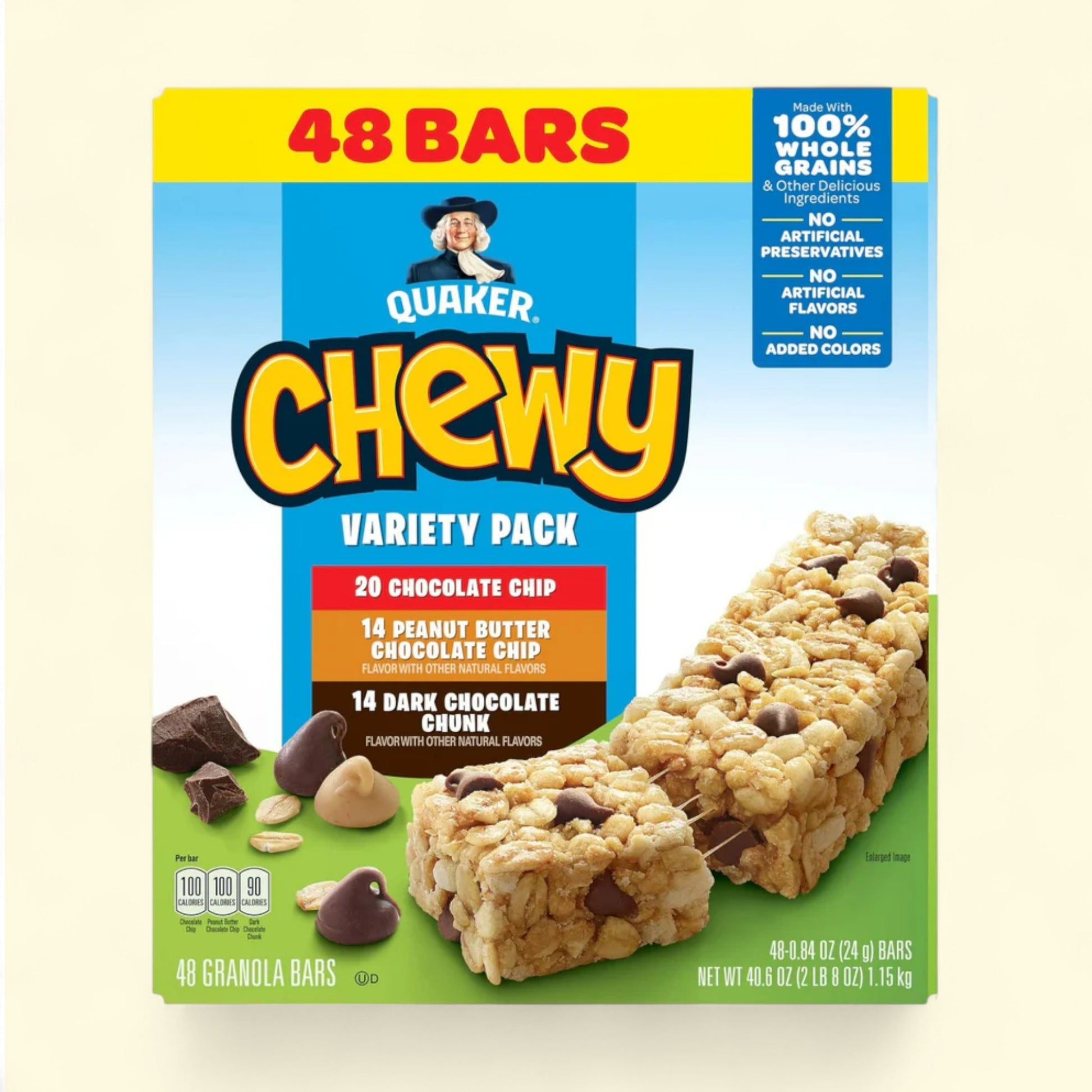 Quaker Chewy Granola 48 Bars variety pack on a beige background