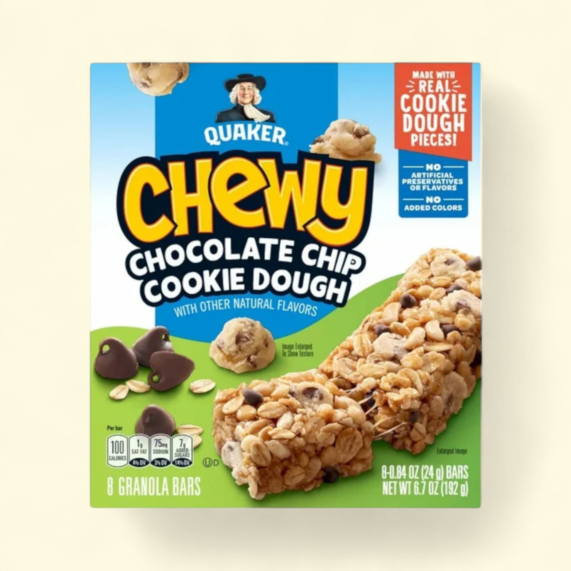 Quaker Chewy Chocolate Chip Cookie Dough granola bars packaging on a beige background