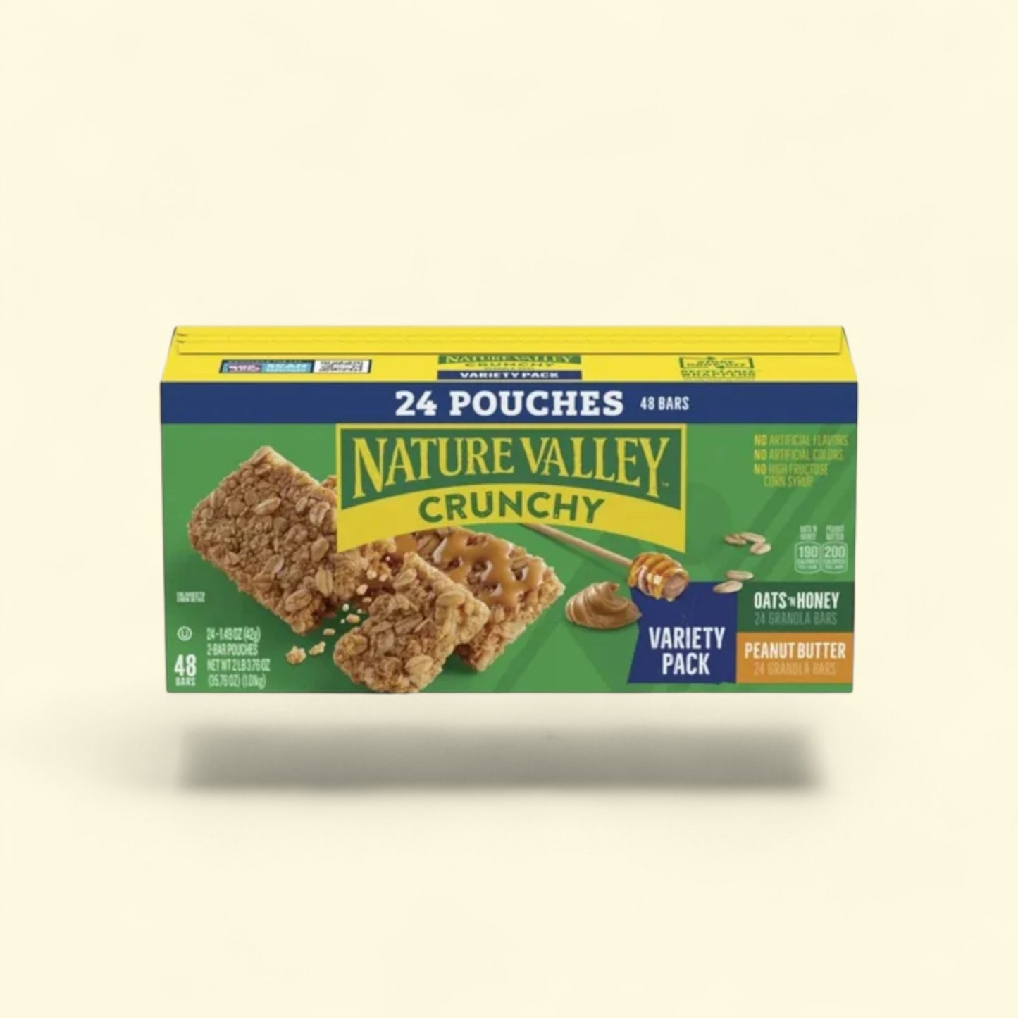 Nature Valley Crunchy granola bars on a beige background