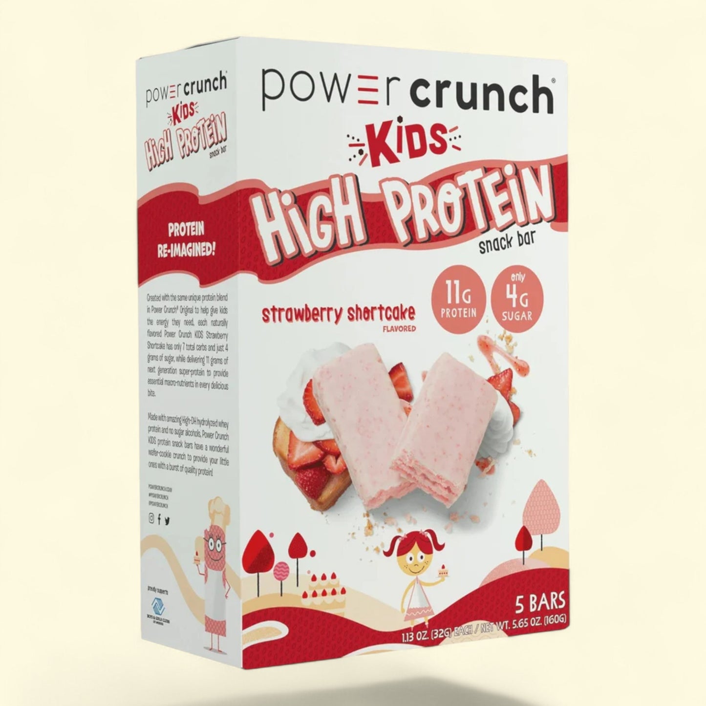 Power Crunch Kids High Protein snack bars strawberry short cake on a beige background