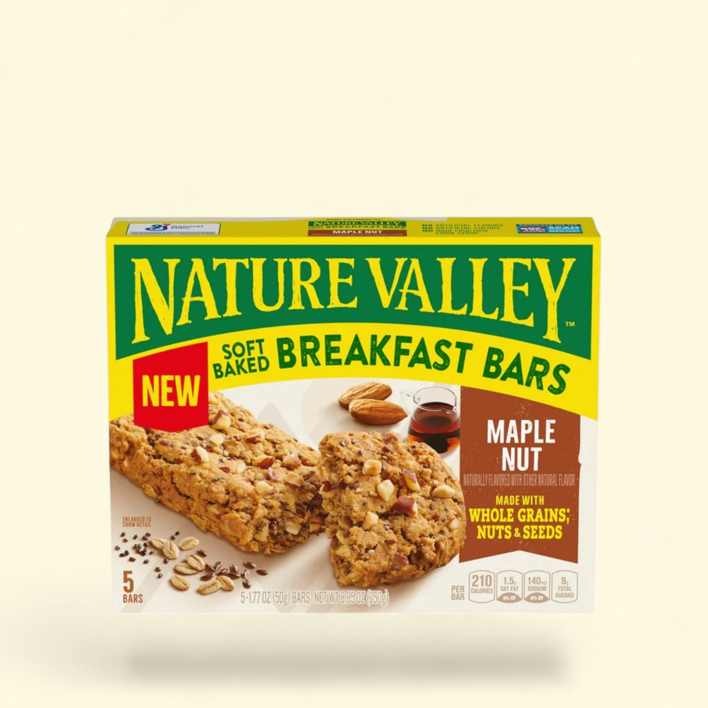 Nature Valley soft baked Maple Nut breakfast bars on a beige background