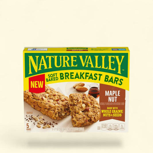 Nature Valley soft baked Maple Nut breakfast bars on a beige background