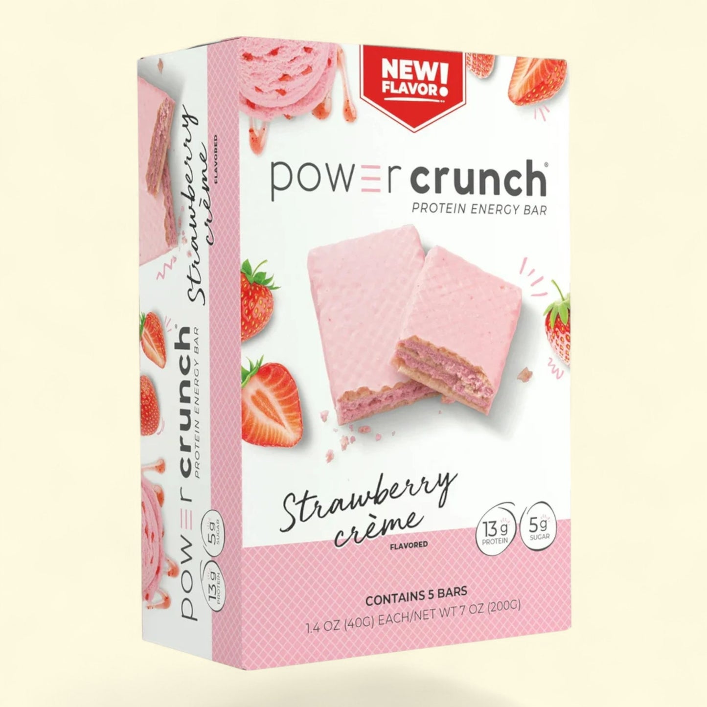 Power Crunch Strawberry Cèreme protein energy bar box on a light beige background