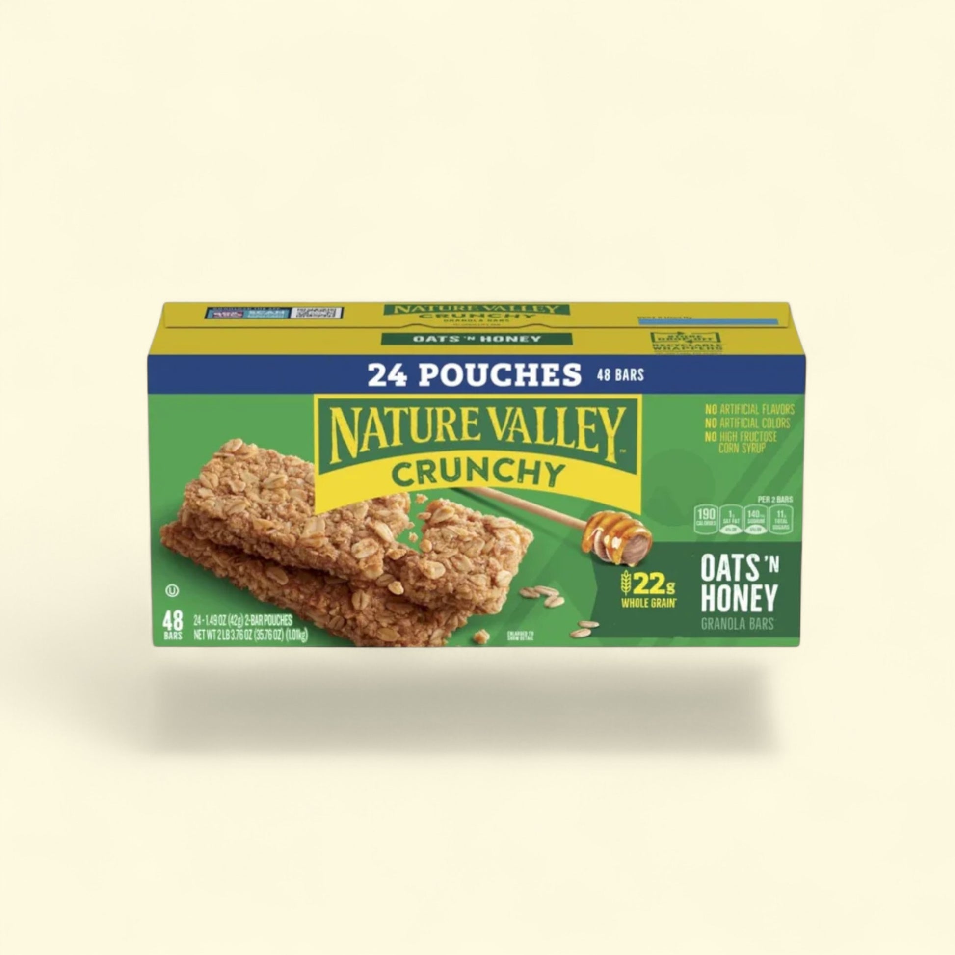 Nature Valley Crunchy Oats 'N Honey granola bars on a beige background