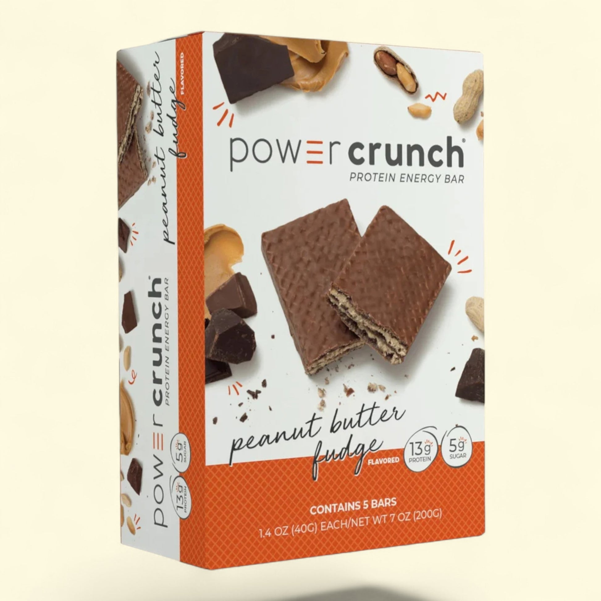 Power Crunch Protein Energy Bar packaging with peanut butter fudge flavor on a beige background