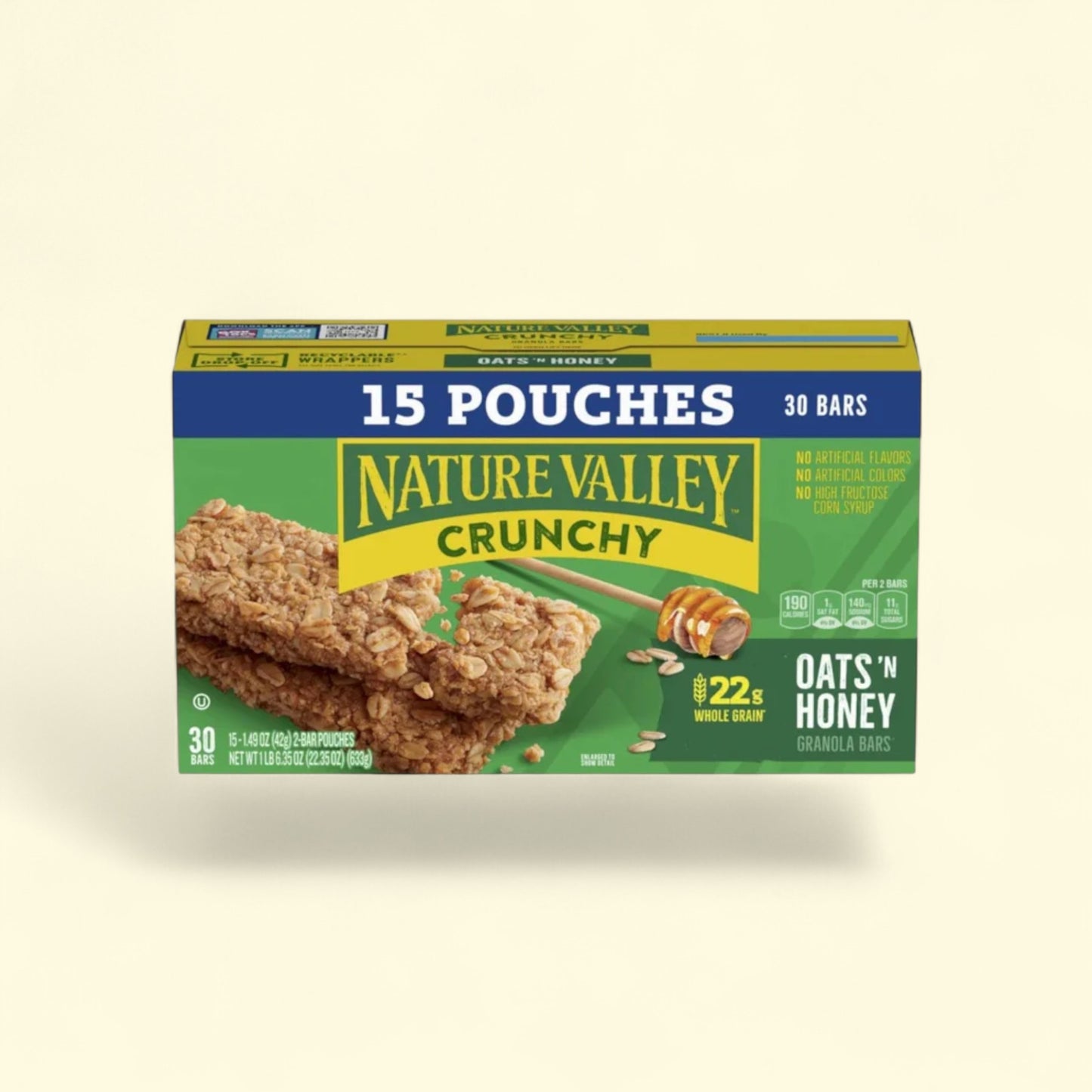 Nature Valley Crunchy Oats 'n Honey granola bars on a beige background