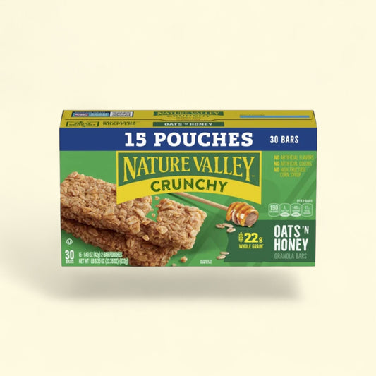 Nature Valley Crunchy Oats 'n Honey granola bars on a beige background