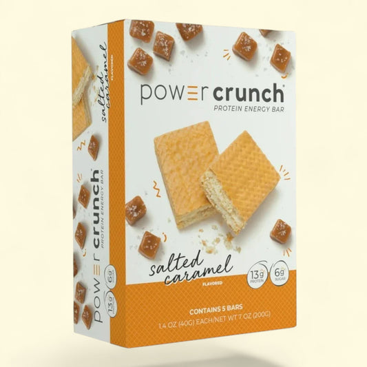Power Crunch Salted Caramel protein energy bars on a light beige background