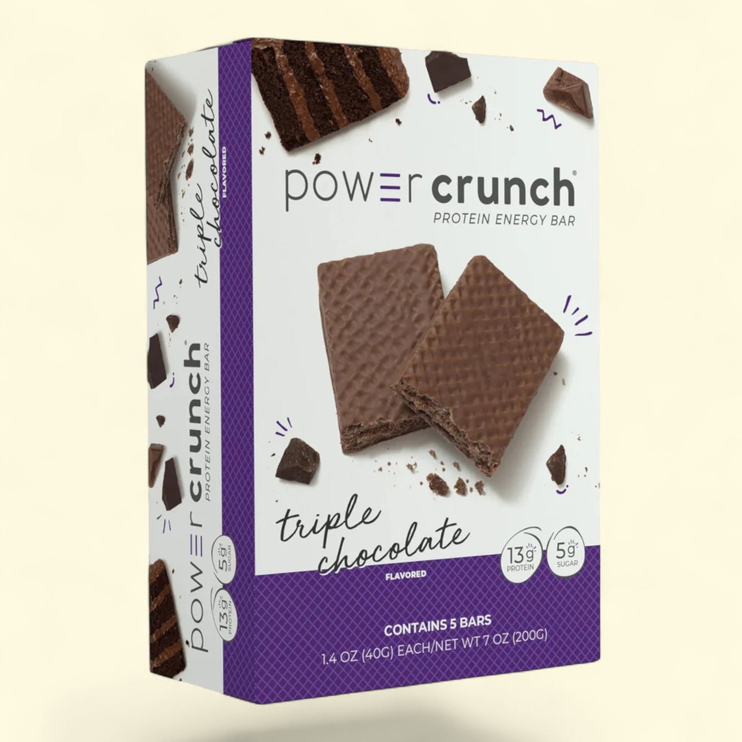 Power Crunch protein energy bar packaging with triple chocolate flavor on a beige background