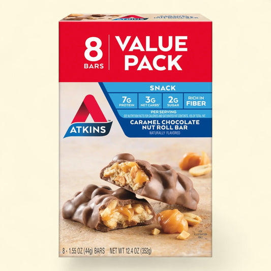 Atkins Snack Bar, Caramel Chocolate Nut Roll, 8 Ct