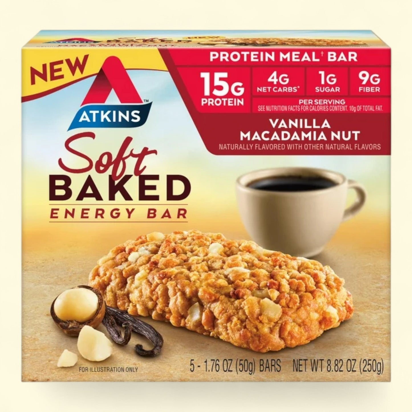 Atkins Protein-Rich Meal Bar, Soft Baked Vanilla Macadamia Nut Bar, 5 Count