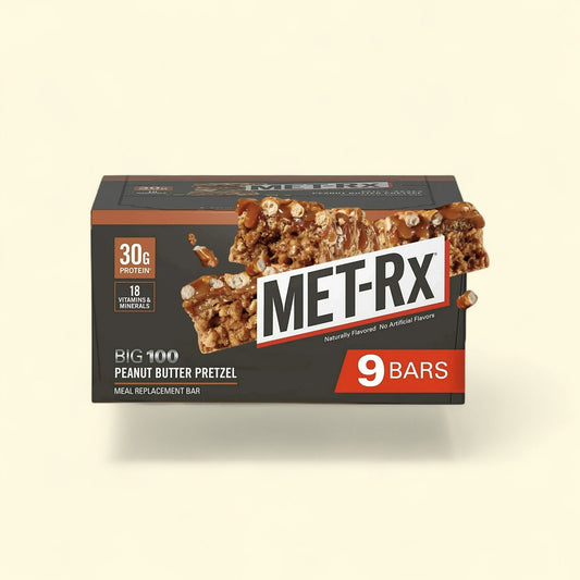 MET-Rx Big 100 Protein Bar, Peanut Butter Pretzel, 9 Ct — authentic US product shipped worldwide by Treatspree