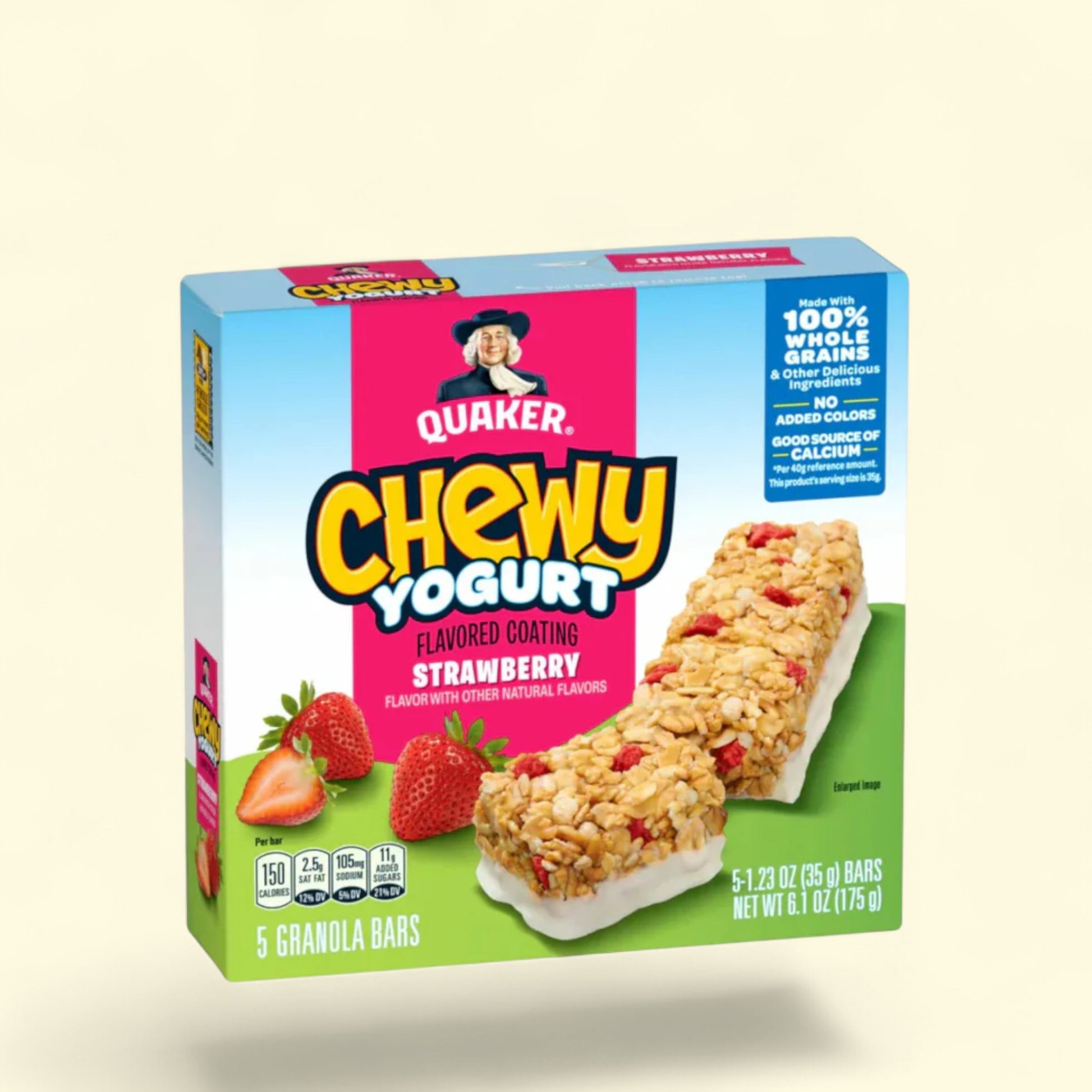 Quaker Chewy Yogurt flavored coating strawberry flavor on a light beige background