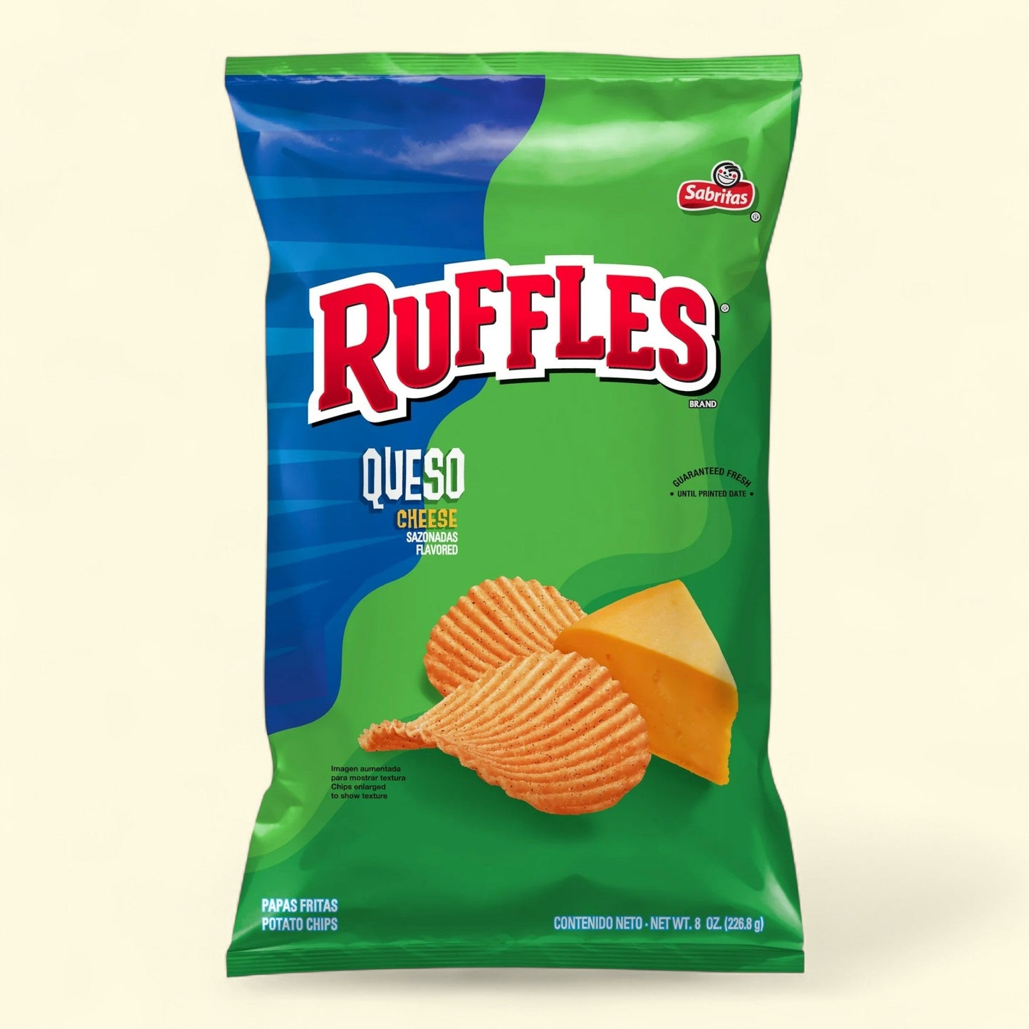Ruffles Potato Chips, Queso Cheese Flavored, Large Bag 8 Ounce