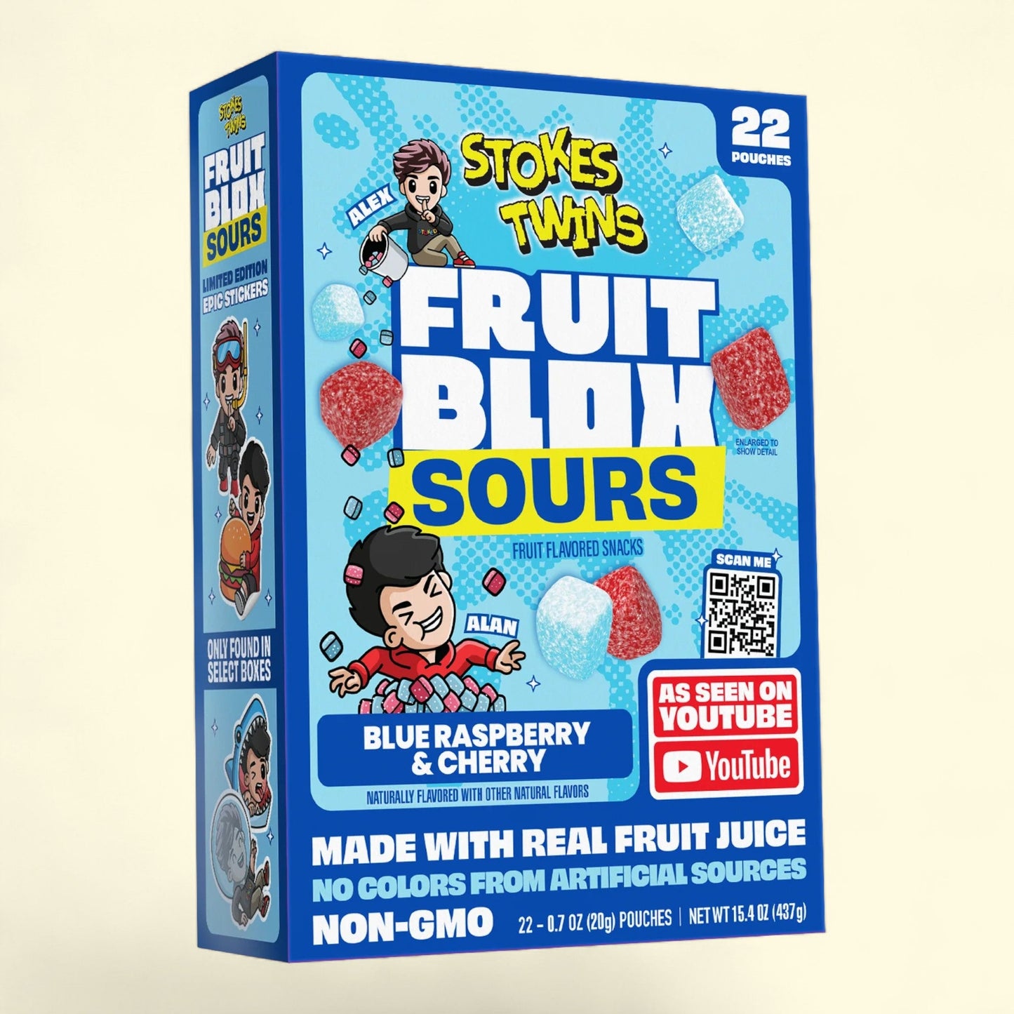 FruitBlox Stokes Twins Sour Fruit Snacks, Blue Raspberry & Cherry, 22 Count