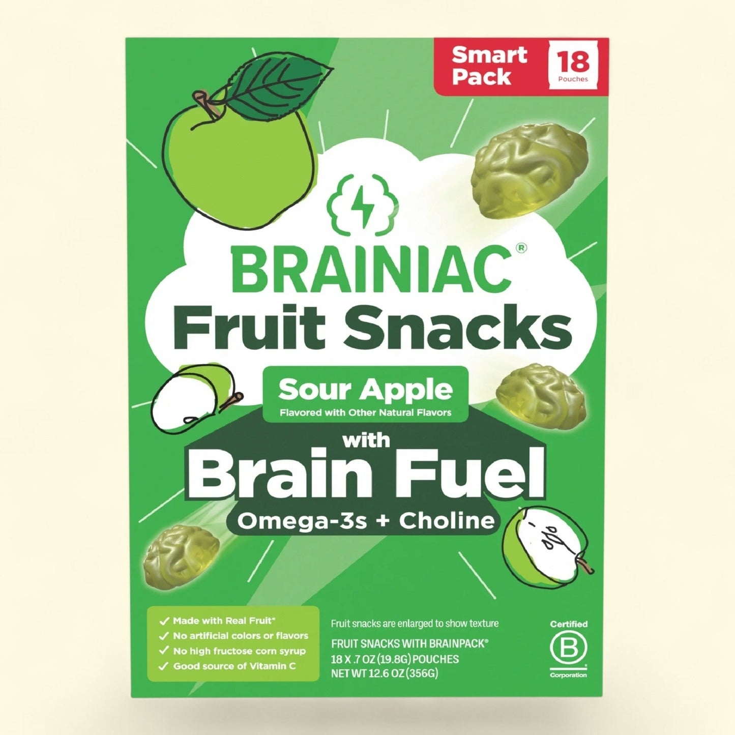 Brainiac Fruit Snacks, Sour Apple Flavor, 18ct