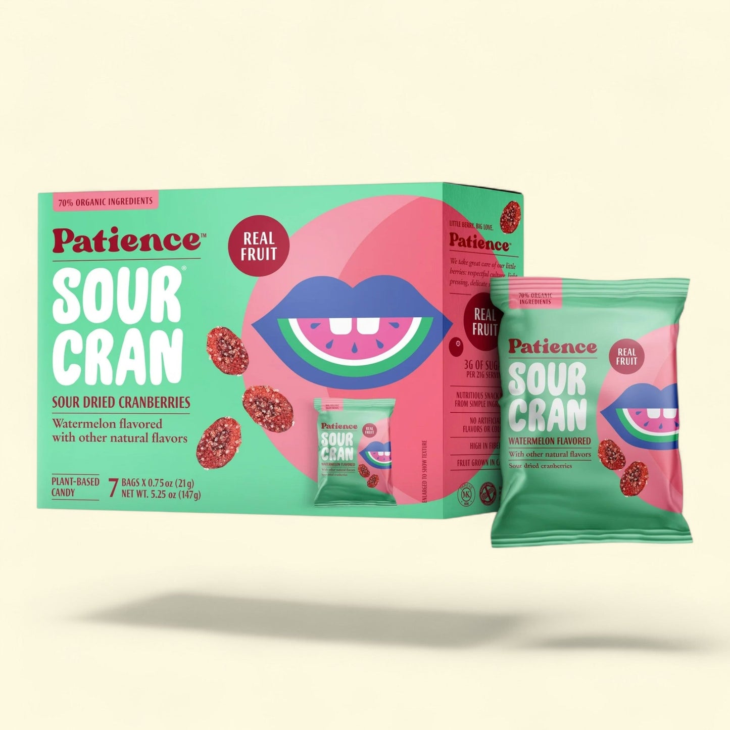 Patience SourCran Dried Cranberry Fruit Snack, Watermelon Flavor, 0.75 oz Pouch, 7 Count