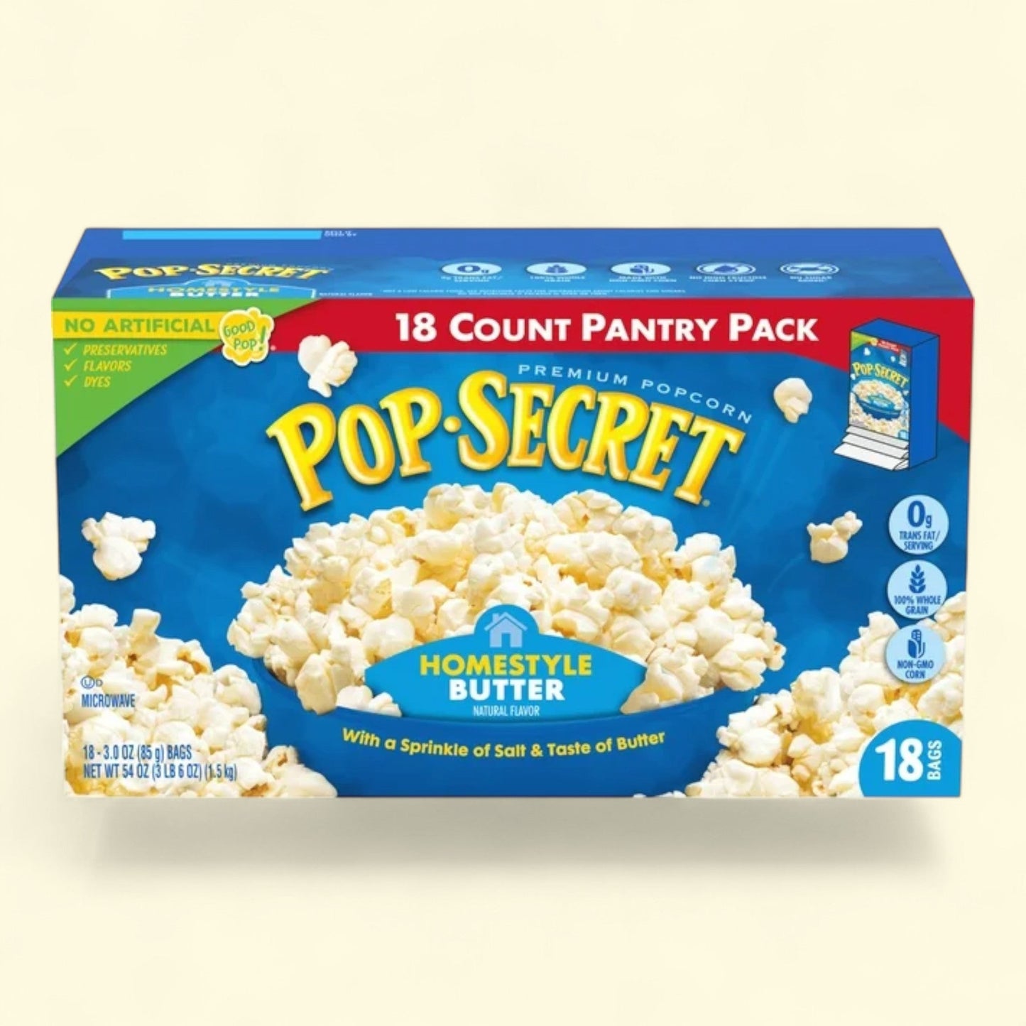 Pop Secret Microwave Popcorn, Homestyle Butter Flavor, 3 oz, 18 Ct