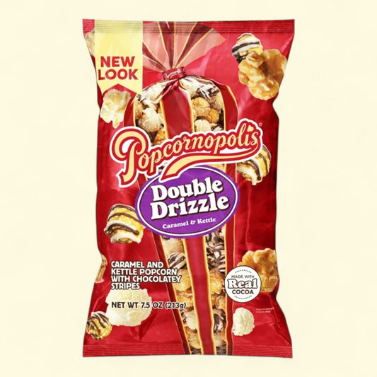 Popcornopolis Double Drizzle 7.5 oz Bag, Caramel and Kettle with Chocolatey Stripes Popcorn